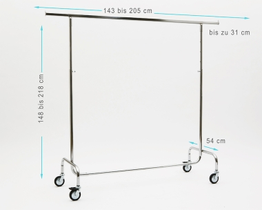 Kleiderständer höhenverstellbar 143cm Breit 148 bis 218 cm Hoch ausziehbar mit 4 grossen 80 mm Rollen stabile Ausführung 140 kg belastbar Rollständer Konfektionsständer Chrome Art Nr 2017-140-80