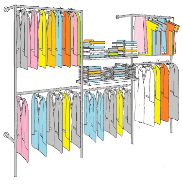 Wandregalsystem Garderobensystem Kleiderkammer Kleiderstange mit Bordetagenhalter 200x330 cm breit und 40 cm tief Etagen individuell einzustellen Wandbefestigung und Gummifüsse Stahlrohre verchromt Art Nr W15