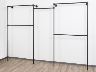 Wandregalsystem Schwarz Garderobensystem 205 cm hoch und 325 cm breit Wandbefestigung Verbinder und 27 mm Stahlrohre pulverbeschichtet Art Nr W13BK
