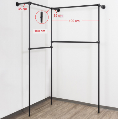 Wandregalsystem Schwarz Garderobensystem 205x110x110 cm breit und 35 cm tief Zubehör Endkappen Wandanschluss mit Eckverbindung Innenverbinder Wandbefestigung Rundrohre pulverbeschichtet Art Nr W03BK Eck