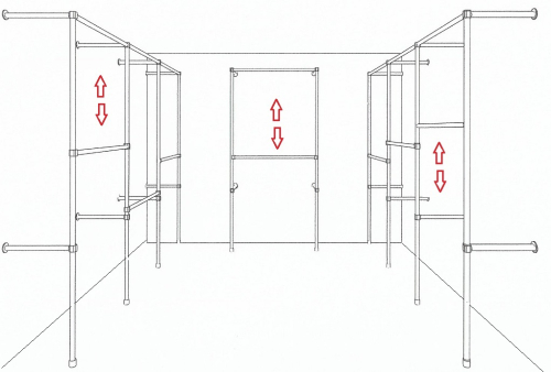 Ankleidezimmer Wandregalsystem Kleiderkammer begehbarer Schrank 2 mal 200x320 cm und 1 mal 200x110 cm 40 cm tief Etagen stufenlos verstellbar Wandbefestigung und Gummifüsse Stahlrohre verchromt Art Nr AnZi.3+3+1