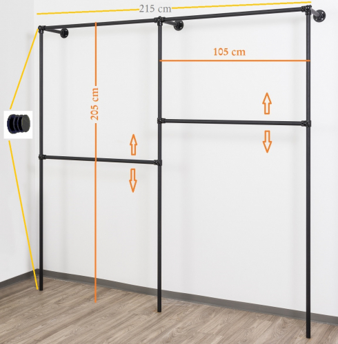 Wandregalsystem Schwarz Garderobensystem 205x215 cm breit und 35 cm tief Zubehör Endkappen Wandanschluss mit Eckverbindung Wandbefestigung Rundrohre pulverbeschichtet Art Nr W03BK